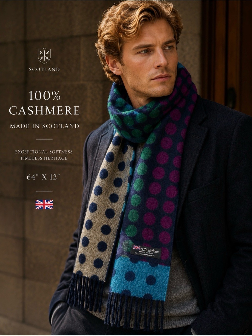 MEN’S SCOTLAND POLKA DOT 100% CASHMERE SCARF WITH TASSEL FRINGE ENDS